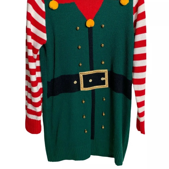 Ugly Christmas Sweater Women’s Medium Elf Bells PomPoms Long Costume Party Green - Picture 9 of 10